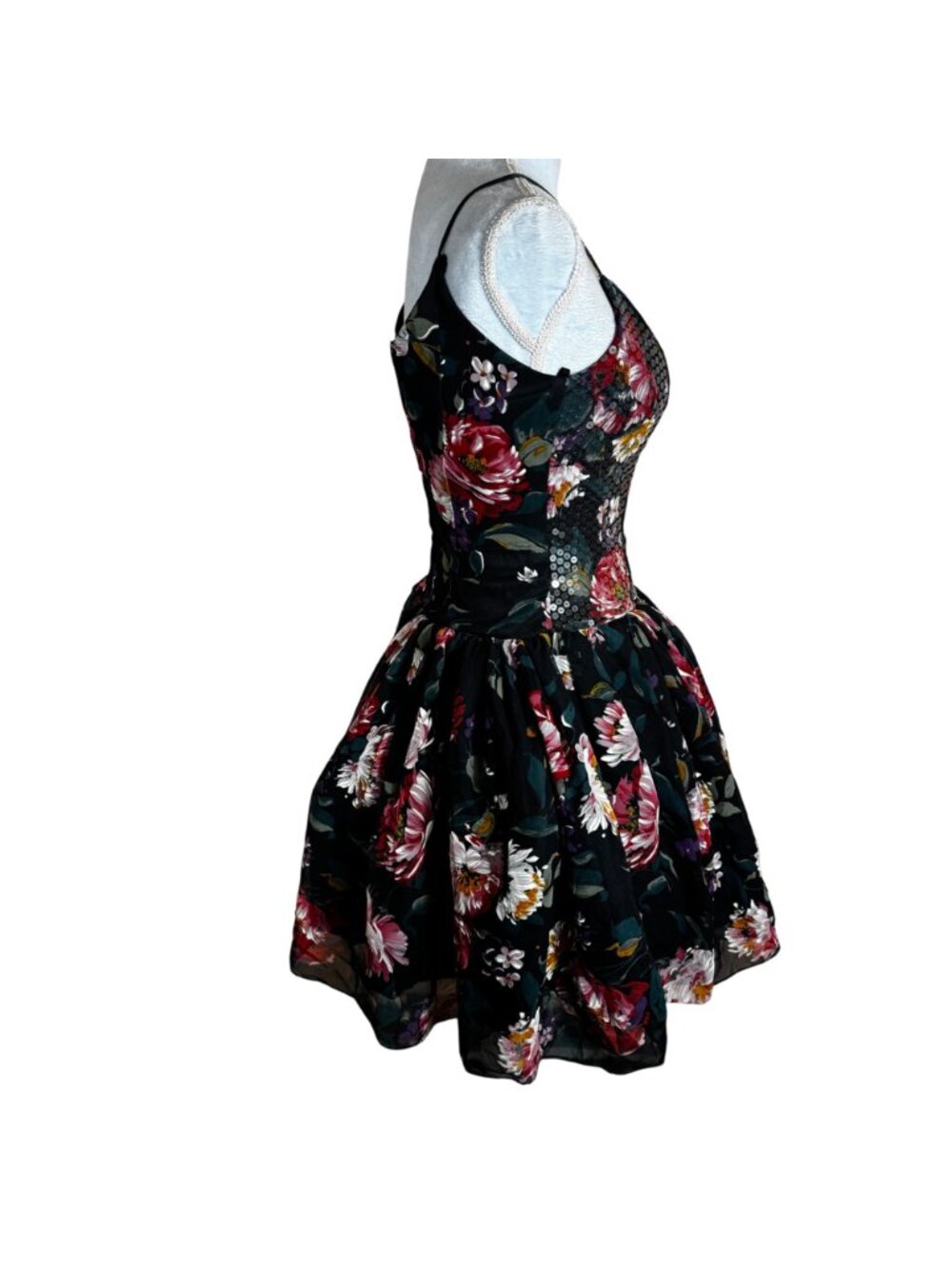 Vintage 80s Floral Sequin Party Dress Spaghetti Straps Fit & Flare - Picture 2 of 10